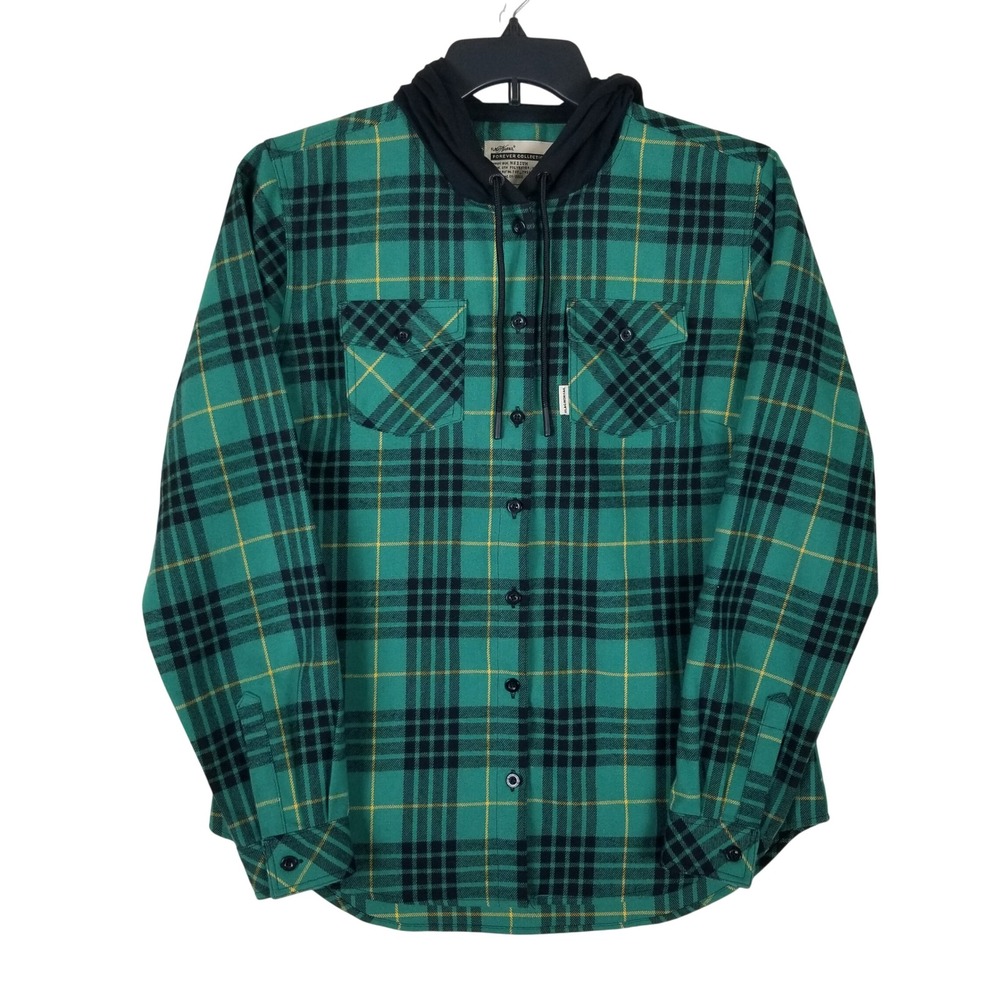 Flag Nor Fail Hooded Flannel Mens Medium Green Plaid Forever Collection FNF FW22